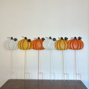 NWT- 2 Sets of 3- White, Yellow & Orange Painted Metal Pumpkin Yard/Lawn Stakes